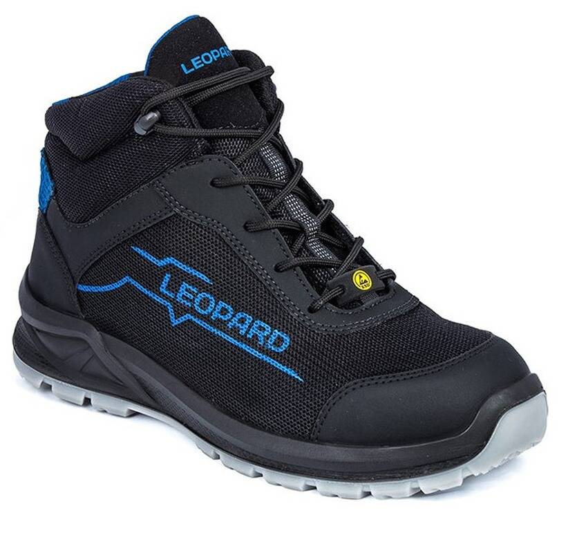 Schwarzer und blauer knöchelhoher Sicherheitsschuh mit verstärkter Zehe, Meshgewebe und der Markenbezeichnung „LEOPARD