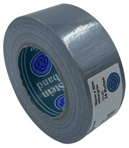 Eine Rolle silbernes Panzertape mit Text auf der inneren Rolle, auf dem die Größe angegeben ist: „50 mm x 50 m