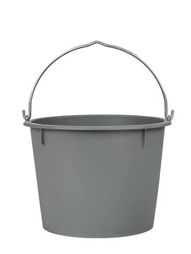 Ein grauer Kunststoffeimer mit metallischem Griff, aufrecht positioniert.