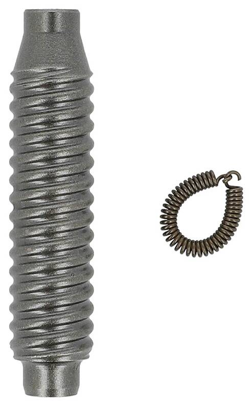 Eine aufgewickelte Metallfeder mit einer größeren Spirale auf der linken Seite und einer kleineren ringförmigen Spule auf der rechten Seite, vor einem einfachen Hintergrund.