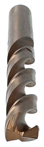 Nahaufnahme eines metallischen Bohrers mit einem spiralförmigen Rillenmusters.