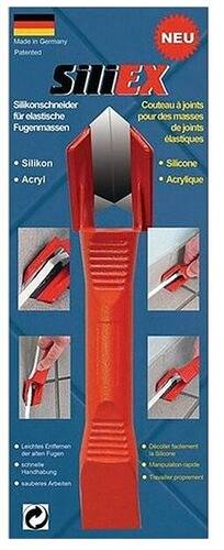 Rotes Dichtstoffwerkzeug-Set zum Auftragen von Silikon und Acryl; enthält Schaber mit Bildern zur Anwendung an Wänden und Ecken.