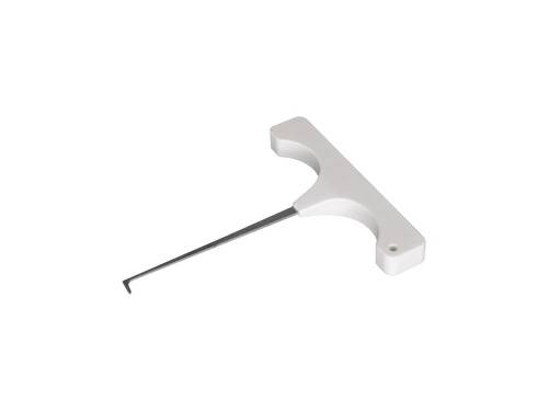 Ein weißes Kunststoffwerkzeug mit T-förmigem Griff und einem dünnen Metallhaken, der sich von einem Ende erstreckt und zum Warten oder Einstellen von Maschinen verwendet wird.