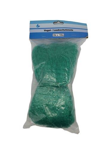 Ein verpacktes grünes Gartennetz mit der Aufschrift „Vogel- / Laubschutznetz 5m x 10m