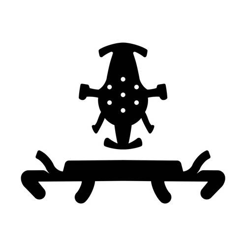 Ein abstraktes Schwarz-Weiß-Design mit symmetrischen, geometrischen Formen, die an ein Insekt oder eine Kreatur erinnern.