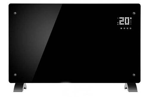 Eine schlanke, moderne schwarze Glasküchenhaube mit einer digitalen Anzeige, die Einstellungen in der oberen rechten Ecke anzeigt. Sie verfügt über eine glatte, abgewinkelte Oberfläche.