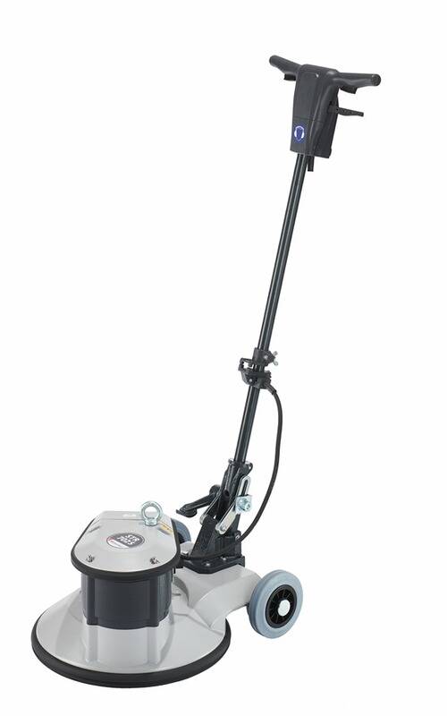 Eine Metallbodenschleifmaschine mit langem Griff und Rädern, mit verstellbarer Höhe und einem Bedienfeld oben. Ideal für Reinigungsaufgaben.