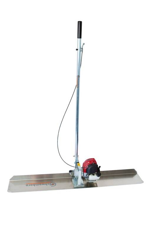 Betonglättmaschine mit einem langen Metallblatt, Motor und verstellbarem Griff zum Ebnen von Betonoberflächen.