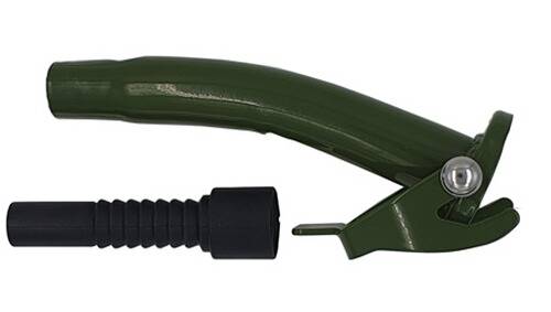 Ein Metallbodenverankerungselement, das zur Befestigung von Bauwerken entwickelt wurde und aus einem zylindrischen Pfahl mit einer abgewinkelten Finne für Stabilität im Boden besteht.