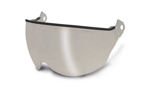 Ein reflektierender silberner Helmvisier mit Befestigungslöchern, entworfen für Schutz und Verbesserung der Sichtbarkeit.