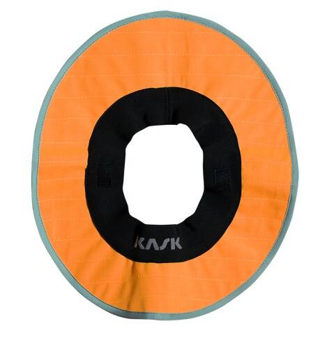 Polsterung für den Helmhals 'KASK', orange mit grauen Kanten, entwickelt für Komfort und Sicherheit bei der Helmnutzung.