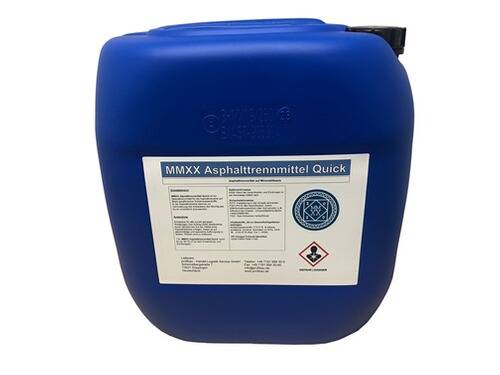 Ein blauer Behälter mit der Bezeichnung „MMXX Asphalttrennmittel Quick