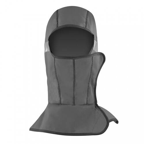 Eine graue Sturmhaube mit kleidungsähnlichen Nähten, die für die Bedeckung von Kopf und Nacken konzipiert ist.