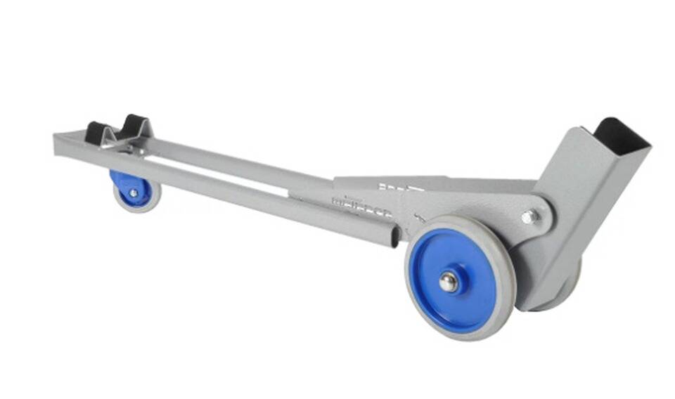 Ein grauer Wagenheber mit blauen Rädern, entwickelt zum Anheben von Fahrzeugen.