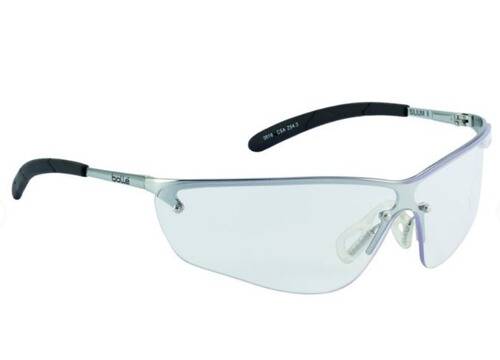 Transparente Schutzbrille mit dünnen schwarzen Bügeln, entworfen für den Augenschutz.