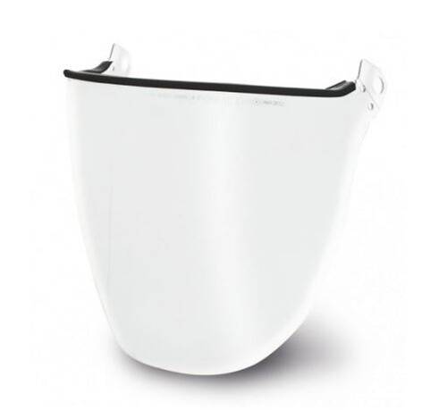 Ein transparentes Gesichtsschutzschild mit schwarzem Rand oben, entwickelt für Sicherheit und Schutz in verschiedenen Umgebungen.