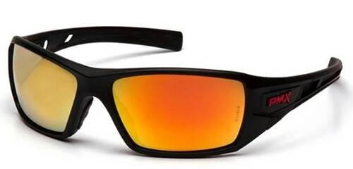 Schwarze Sportsonnenbrille mit orange getönten Gläsern.