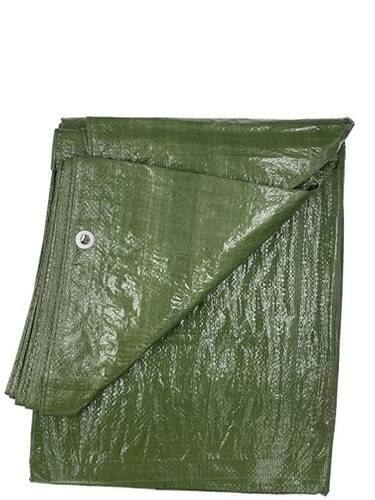 Eine gefaltete grüne Plane mit verstärkten Kanten und Metallösen wird gezeigt, was auf Eignung zum Abdecken oder Schützen von Gegenständen im Freien hindeutet.
