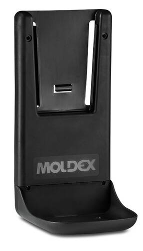 Moldex Ohrstöpsel-Spender, schwarz, wandmontiert mit sichtbarem Logo auf der Vorderseite, entworfen zum Lagern und Verteilen von Ohrstöpseln.