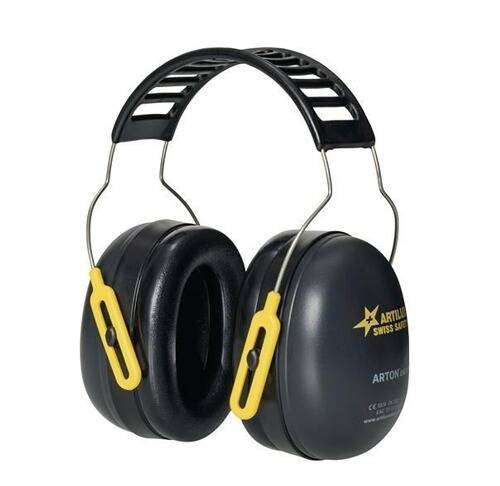 Schwarz-gelbe Ohrenschützer mit gepolstertem Kopfbügel und Ohrmuscheln, konzipiert zur Lärmreduktion und zum Schutz in lauten Umgebungen.