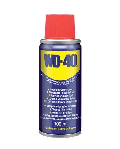 WD-40 Universalprodukt in einer 100-ml-Dose in Blau mit rotem Deckel. Der Text in mehreren Sprachen hebt seine Schmier- und Schutzfunktion hervor.