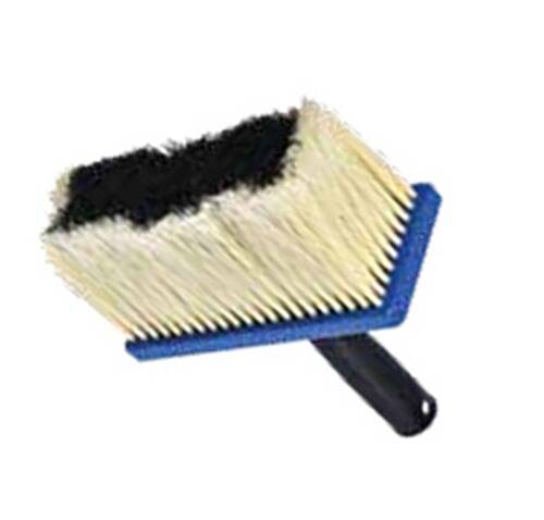 Ein blaugriffiger Pinsel mit breiten Borsten in Schwarz und Weiß, dargestellt vor weißem Hintergrund.