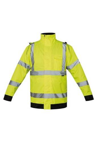 Eine leuchtend gelbe Warnweste mit reflektierenden grauen Streifen an Armen und Oberkörper, die zur Sicherheit bei schlechten Lichtverhältnissen verwendet wird.