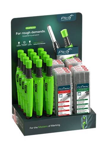 Anzeige von grünen Zimmermannsbleistiften mit der Aufschrift 