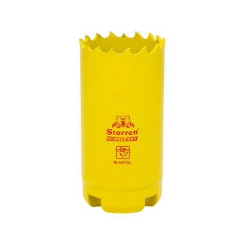 Ein gelochtes Lochsägeblatt mit der Bezeichnung „Starrett Deep Cut Bi-Metal 1 1/4