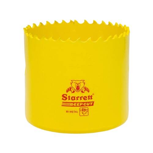 Eine gelbe Starrett-Bimetall-Lochsäge mit scharfen Zähnen und zwei seitlichen Öffnungen, verwendet zum Schneiden von Löchern in Materialien.