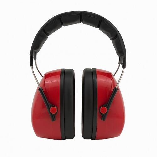 Rote lärmunterdrückende Kopfhörer mit gepolstertem Kopfbügel, die zum Hörschutz entwickelt wurden.