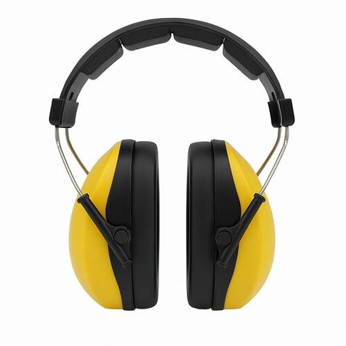Gelbe und schwarze Gehörschutzmuscheln mit Geräuschunterdrückung, isoliert auf weißem Hintergrund.
