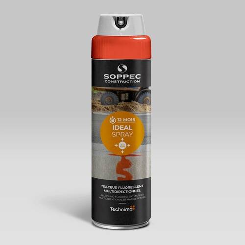 Soppec Construction Ideal Spray' Dose mit orangefarbener Kappe, verwendet für multidirektionale fluoreszierend Markierung.