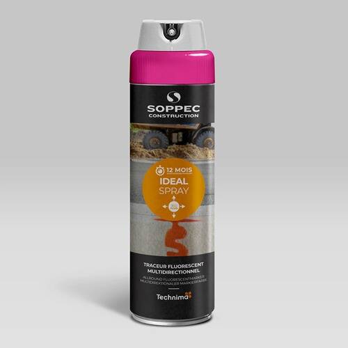 Eine Dose Soppec Construction Ideal Spray mit rosafarbener Kappe, entwickelt für 12 Monate Fluoreszenzmarkierung, mit Straßenbau-Motiven.