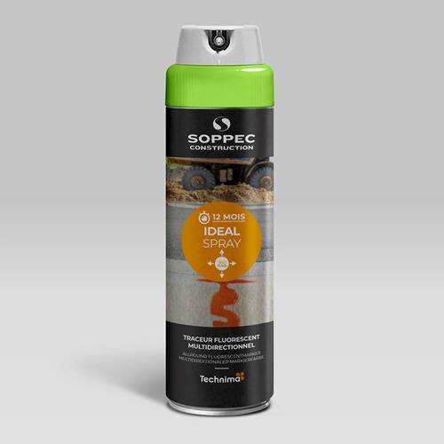 Eine Dose Soppec Construction Fluoreszenzspray mit grüner Kappe, die ein Bild einer Baustelle und Markierungslinien zeigt, mit der Bezeichnung 