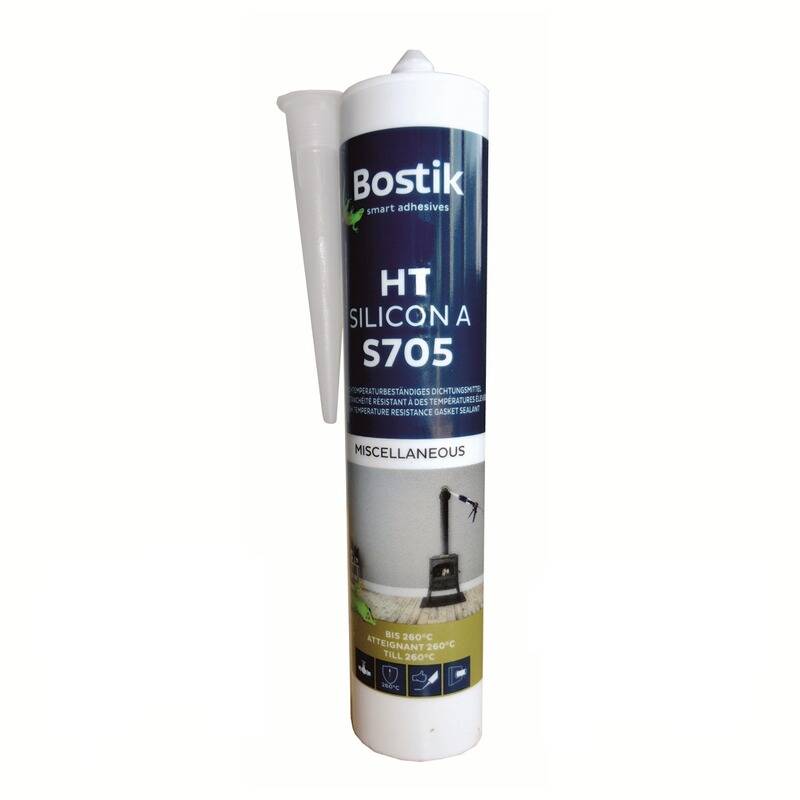 Eine Tube Bostik HT Silicon A S705 Klebstoff, gekennzeichnet als hitzebeständig. Geeignet für verschiedene Anwendungen, dargestellt mit angebrachter Düse.
