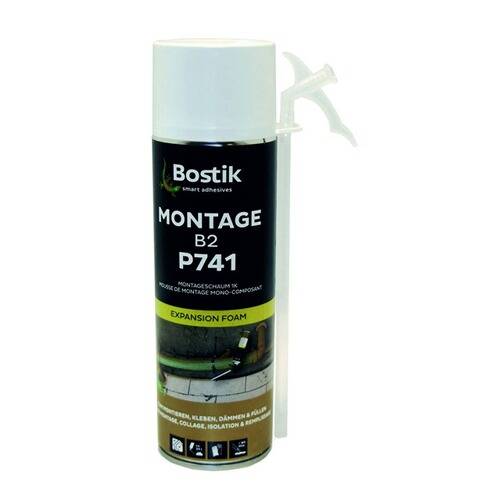 Eine Dose Bostik Montage B2 P741 Ausschaumschaum mit Düse zum Befestigen, Kleben und Isolieren von Oberflächen.