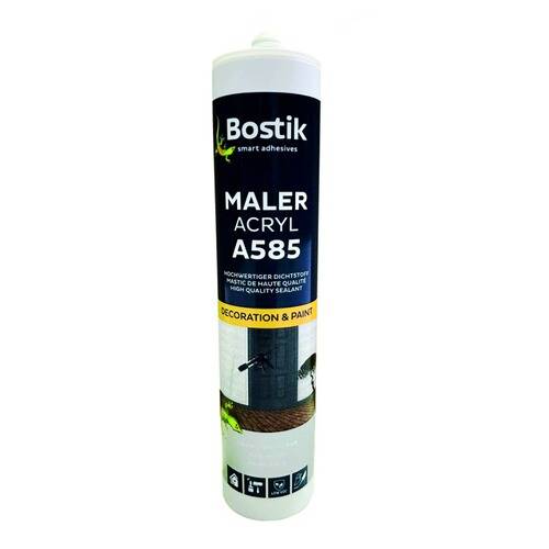 Ein Rohr Bostik Maler Acryl A585, gekennzeichnet als hochwertiges Dichtstoff für Dekorations- und Anstrichanwendungen.