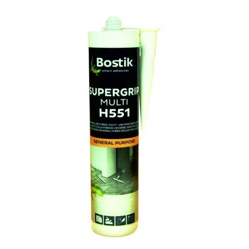 Ein Behälter Bostik Supergrip Multi H551 Klebstoff mit einem Etikett, das angibt, dass er für allgemeine Zwecke geeignet ist.
