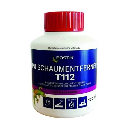 Eine Flasche mit der Bezeichnung „Bostik PU Schaumentferner T112