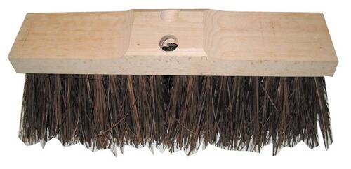 Ein Holzbesenköpf mit braunen Borsten, mit einem Loch zum Befestigen eines Stiels versehen, entwickelt zum Kehren von Fußböden.