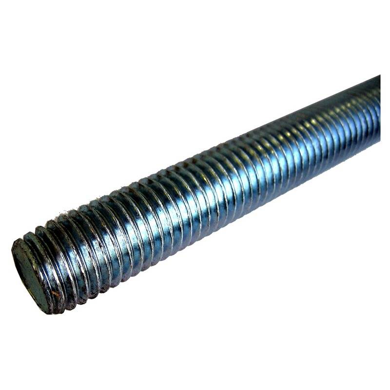 Ein Nahaufnahmebild einer metallischen Gewindestange, das feine, gleichmäßige Spiralgewinde entlang ihrer Länge zeigt, die häufig im Bauwesen oder in Maschinen verwendet wird.