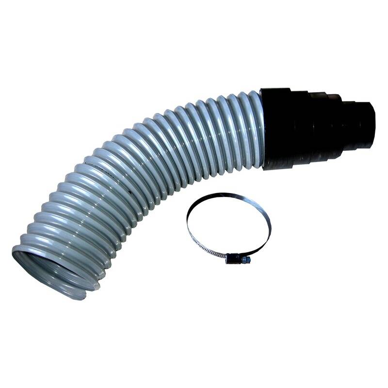 Ein flexibler grauer Schlauch mit einem schwarzen Anschluss und einer Metallklemme zum Befestigen des Schlauchs an Ort und Stelle.