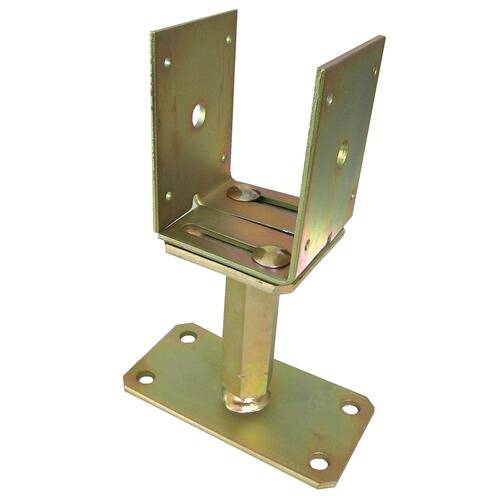 Eine metallische Poststütze mit einer U-förmigen Halterung oben, entwickelt zur Befestigung von Holzbalken. Sie verfügt über Schrauchlöcher und eine robuste Grundplatte.