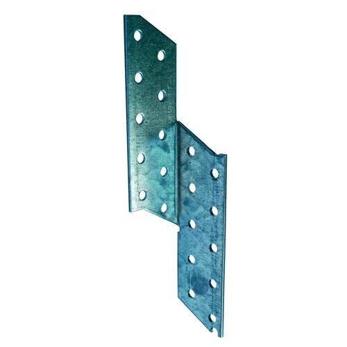 Eine Metallwinkelbefestigung mit mehreren Schraubenlöchern, die im Bauwesen zum Verbinden von zwei Flächen in einem rechten Winkel verwendet wird.