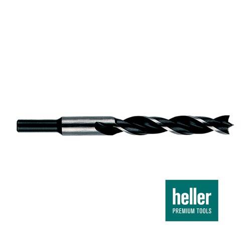 Ein Metallbohraufsatz mit spiralförmigem Design, horizontal ausgerichtet. Ein Logo in der Ecke trägt die Aufschrift „heller premium tools