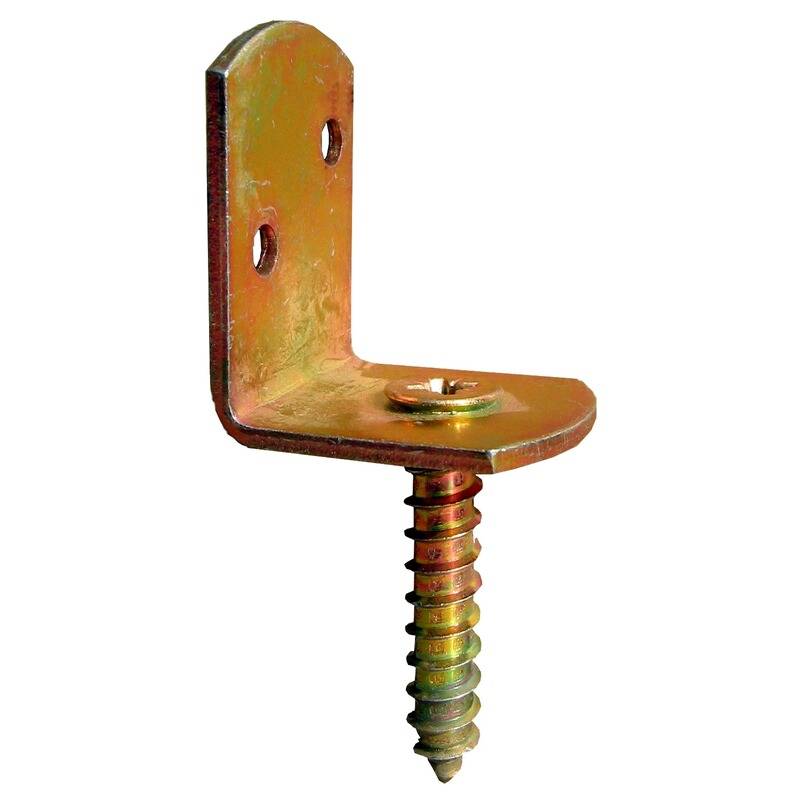 Eine metallische L-förmige Halterung mit zwei Löchern auf einer Seite und einer Schraube, die von unten hervorragt, wird zum Verbinden oder Stützen von Strukturen verwendet.