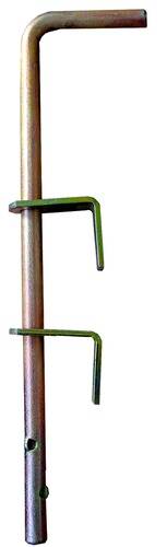 Ein grüner Metallstab mit winklig abstehenden Haken, die in regelmäßigen Abständen auf einer Seite herausragen.