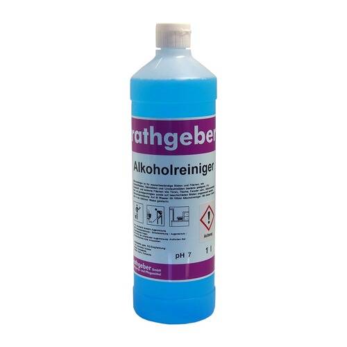 Eine blaue Flasche mit der Aufschrift „Rathgeber Alkoholreiniger