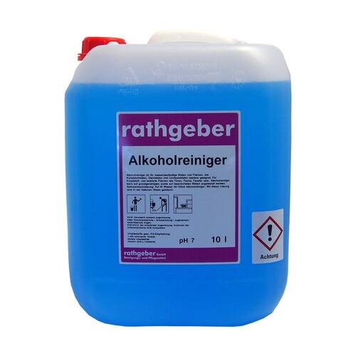 Ein blauer 10-Liter-Behälter mit Alkoholreiniger mit Warnsymbolen und Anweisungen; gekennzeichnet mit „Alkoholreiniger